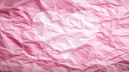 Fototapeta premium A white heart shape appears on a crumpled pink paper background, a textured and romantic visual effect, pink heart background