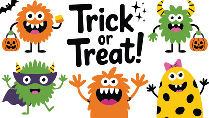 Naklejka premium Cute Halloween monsters illustration with Trick or Treat text colorful cartoon characters festive spooky design flat vector on white