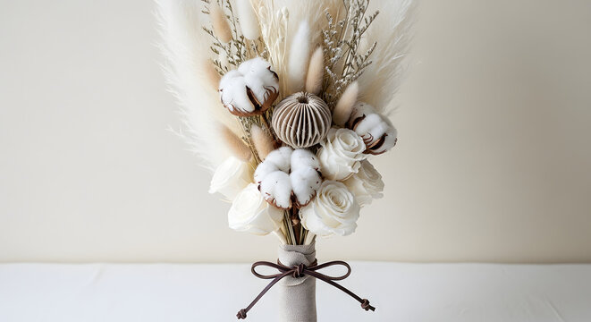 Minimalist dried flower arrangement featuring fluffy white cotton bolls and textured bunny tail grass, wrapped in neutral fabric with a dark brown ribbon.