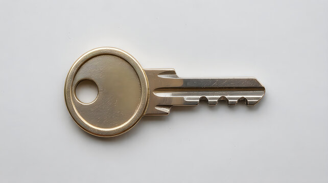 A shiny metal key with round head and teeth on gray