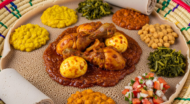 Ethiopian Doro Wat With Injera And Side Dishes Food Platter