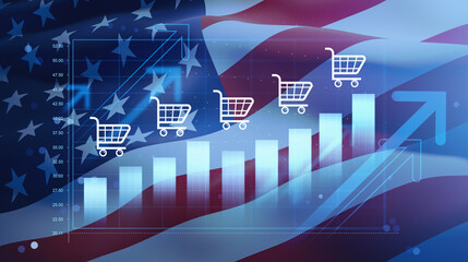 American flag background with rising shopping cart icons on economic growth chart illustrating increasing usa market trend concept. 3D Rendering © ImageFlow