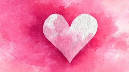 Fototapeta premium A white heart shape on a textured pink and red watercolor background, evoking feelings of love and warmth, pink heart background