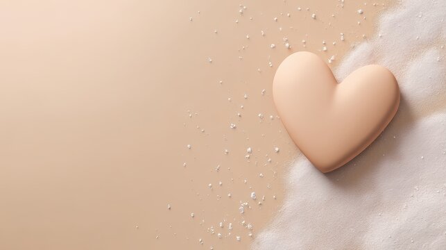 A heart-shaped soap rests on a soft beige surface with scattered salt crystals and gentle foam bubbles around it, pink heart background