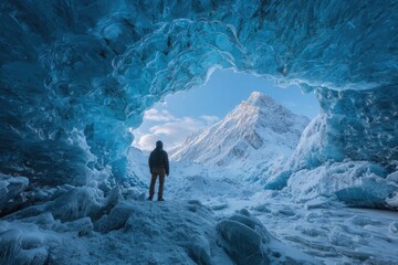 Fototapeta premium A lone figure stands silhouetted within a mesmerizing ice cave, gazing out at a snow-capped mountain range bathed in the soft glow of the winter sun.