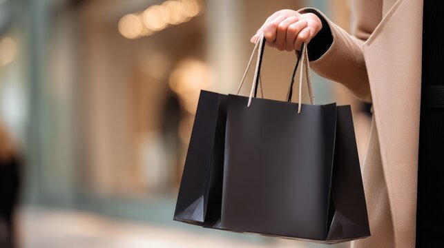 A woman's hand holding a black shopping bag in retail setting