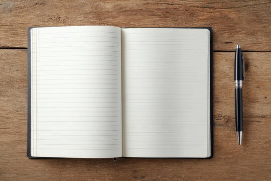 An open notebook rests on a rustic wooden surface alongside a sleek black pen, inviting creativity and note-taking.