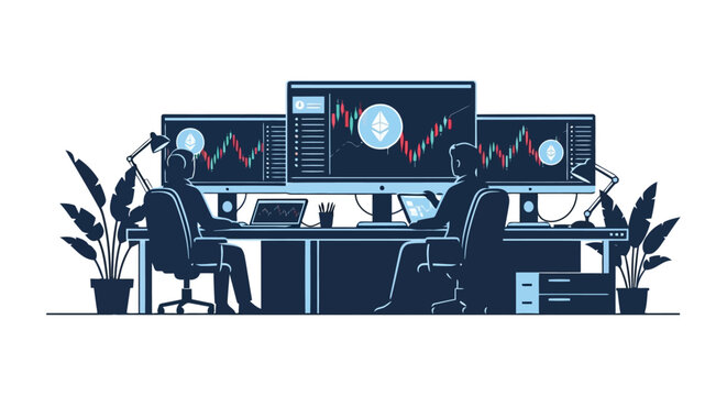 Illustration of two traders working together in a dark room, analyzing stock market data on multiple computer screens with charts and graphs