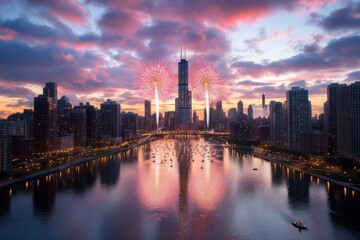 Fototapeta premium Fireworks over city for national holiday celebration, festive urban skyline night view