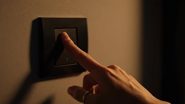 Finger pressing modern black smart switch on wall to turn on indoor light.