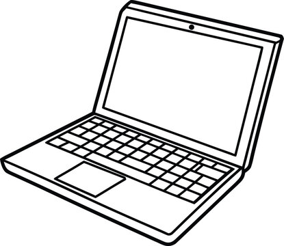Laptop Line Art Illustration Isolated on Background, Open Notebook Computer Outline Drawing