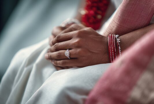 Indian bride and groom holding hands during traditional wedding ceremony with burlap fabric, focus on hands and jewelry
