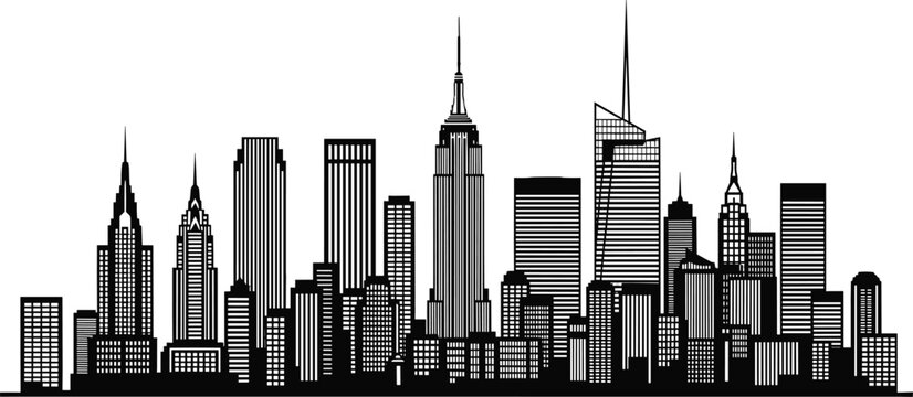 Black and white vector illustration of a panoramic New York City skyline silhouette featuring the Empire State and Chrysler Building.