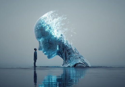 A solitary figure gazes at a colossal, shimmering head composed of digital particles, seemingly merging with the water's surface in a surreal and thought-provoking scene.