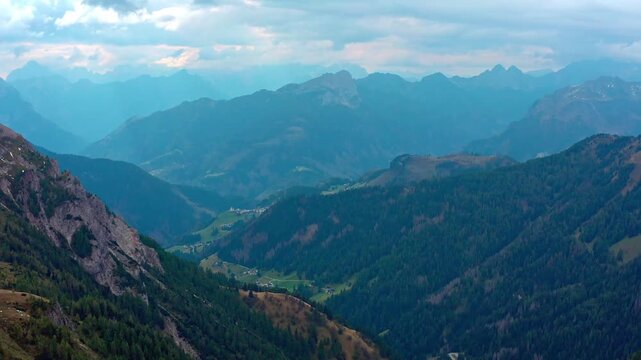 Drone video over Giau Pass on a cloudy day, the Dolomites, Italy