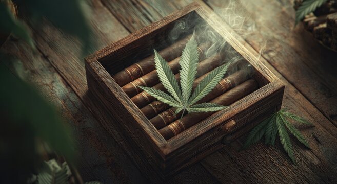 Wooden box of cigars with cannabis leaf on top