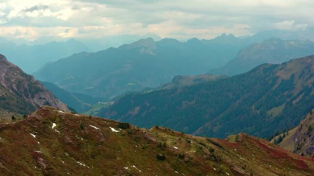 Drone video over Giau Pass on a cloudy day, the Dolomites, Italy