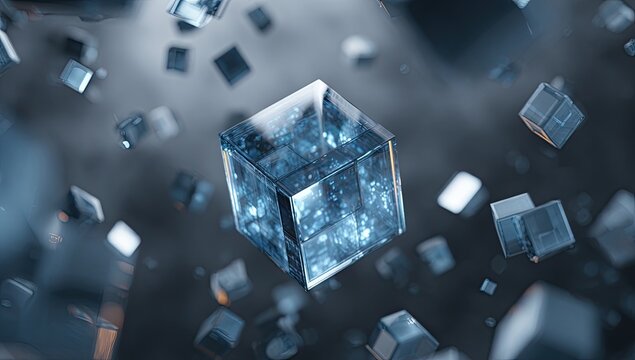 Crystalline cubes with glowing interiors float in a dark, blurry environment