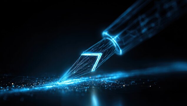 Futuristic pen tip creates glowing digital lines and particles
