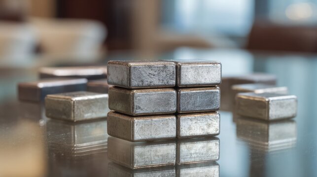 Arrangement of silver ferrite magnets on a glass surface, reflective metal blocks in a geometric pattern