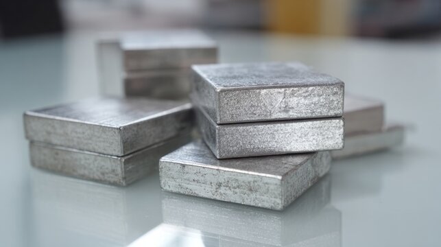 Arrangement of square silver ferrite magnets on a glass surface showing metallic texture and reflectivity