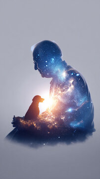 Ethereal Connection of Man and Dog in Cosmic Silhouette Art with Celestial Double Exposure and Interstellar Theme