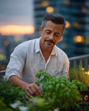 Middle-aged Hispanic man with a warm smile tending to herbs on a rooftop garden at sunset