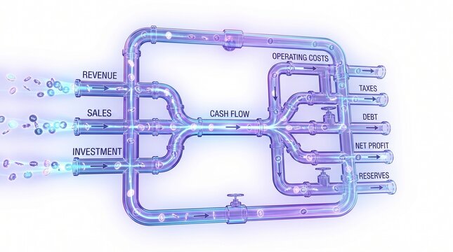 Dynamic financial pipeline model showcasing the flow of business capital from diverse income streams through expenses to strategic allocations, representing economic health