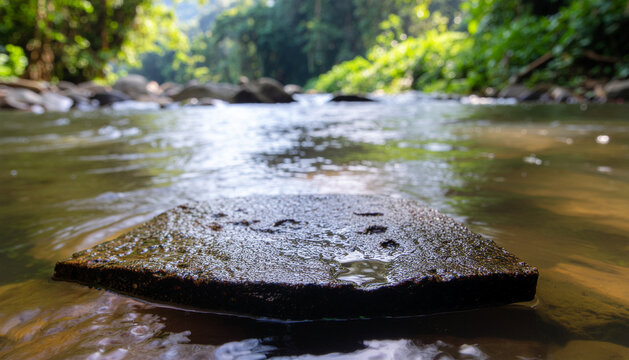 Dark flat stone platform sitting in a shallow forest river stream