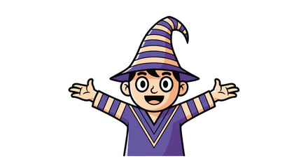 Obraz premium Happy young wizard boy wearing a striped purple hat and robe with arms wide open in a cheerful welcoming gesture.