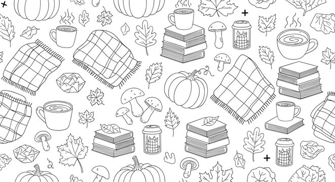 Seamless pattern of cozy autumn doodles featuring books coffee mugs pumpkins blankets and falling leaves in a black and white line art style.