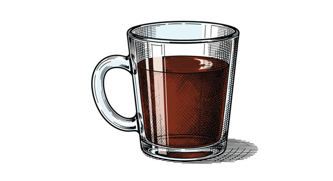 Detailed vintage style illustration of a glass mug filled with coffee or tea with realistic cross hatch shading for cafe and bistro themes.