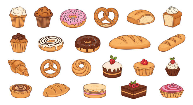 Large assortment of delicious baked goods including cupcakes donuts pretzels bread and pastries in a colorful cartoon style for bakery menus.