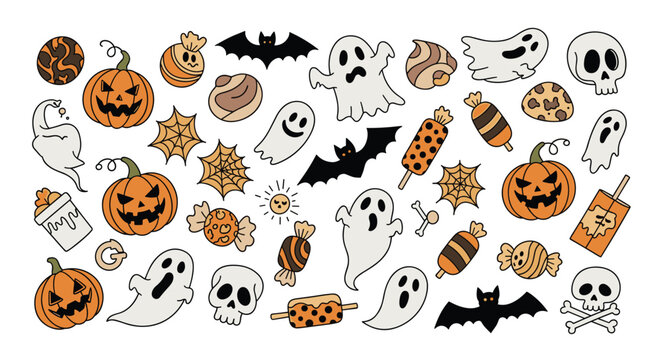 Collection of cute halloween stickers and icons featuring ghosts pumpkins candy skulls and bats in a festive orange and white color palette.