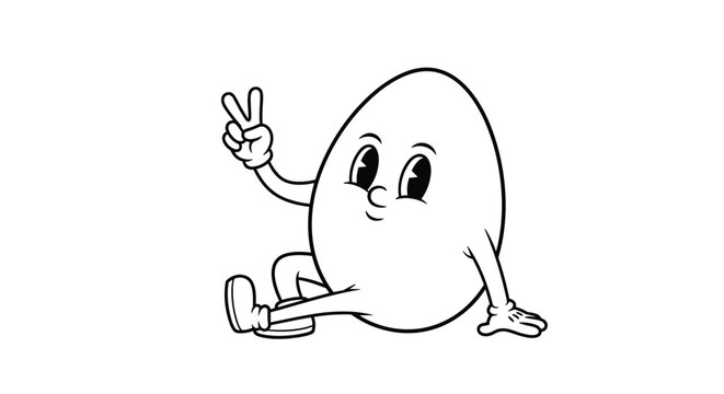 Retro cartoon illustration of a smiling egg character sitting on the ground and making a peace sign in a vintage black and white comic style.
