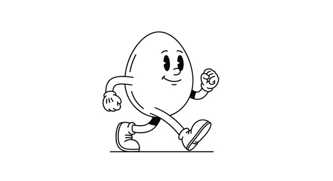 Cheerful egg character walking in a classic cartoon style with a friendly smile on its face on a clean white background.
