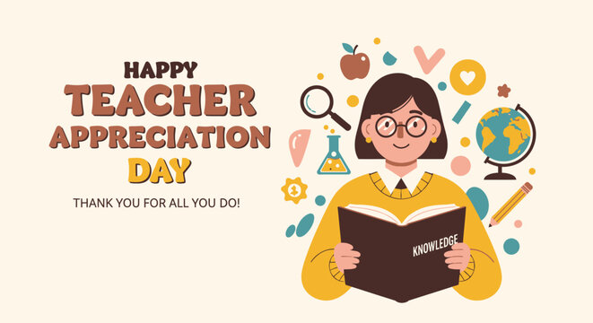 Show sincere gratitude to educators on Teacher Appreciation Day with this cheerful illustration, celebrating their commitment, knowledge, and invaluable impact on learning