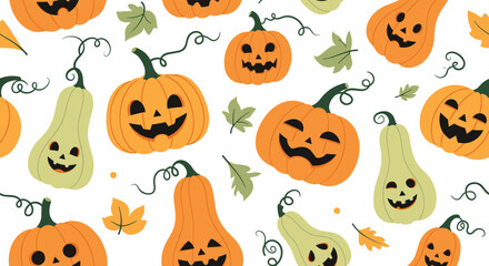 Obraz premium Vibrant seamless pattern of carved orange pumpkins and green fall leaves on a white background perfect for halloween and autumn decorations.