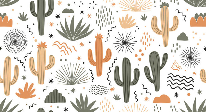 Artistic seamless pattern of stylized cacti and desert succulents in neutral earthy tones for a trendy and minimalist botanical look.