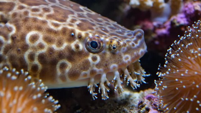 Close-up of bizarre Leopard Fish with coral in the ocean, nature's beauty.