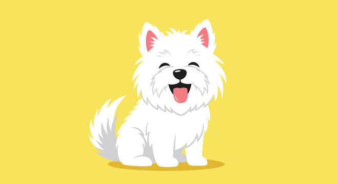 Cheerful illustration of a small white fluffy dog sitting and smiling with its tongue out against a vibrant solid yellow background.