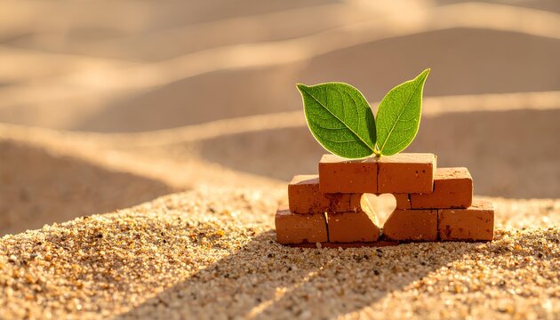 Sustainable Red Brick Masonry with Heart Shape and Green Leaves on Sand