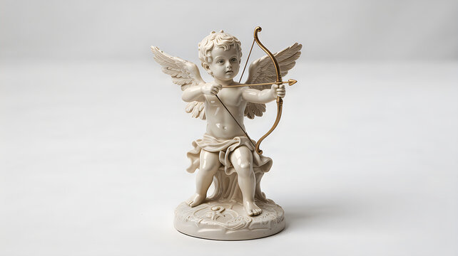 Delicate ceramic cupid figurine holding a golden bow and arrow aiming forward with feathered wings outstretched