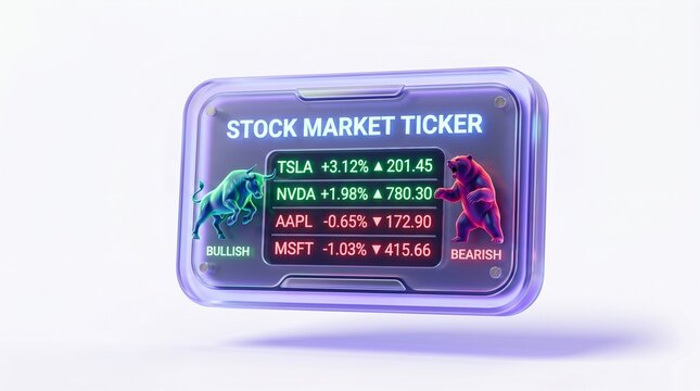 Digital stock market ticker displaying bull and bear trends with company tickers and price changes