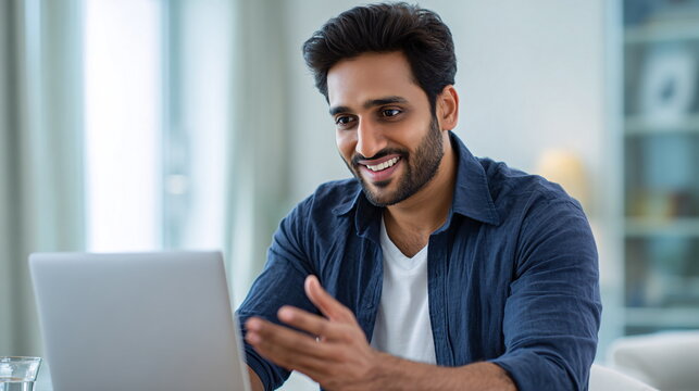 Focused South Asian man in a smart-casual shirt working on a laptop with a happy expression