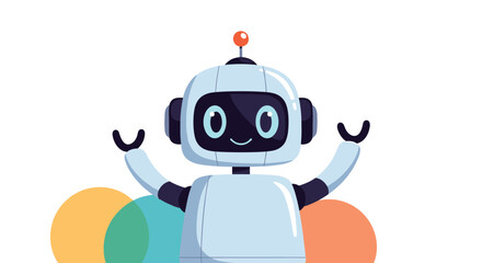 Fototapeta premium Cute little robot with a square head and a round body smiling with its hands raised up in a joyful gesture.