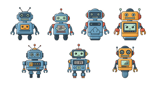 Collection of seven different colorful robots in a pixel art style with various shapes and facial expressions.