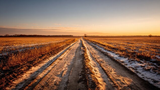A dirt road curves through a frost-covered golden field at sunset