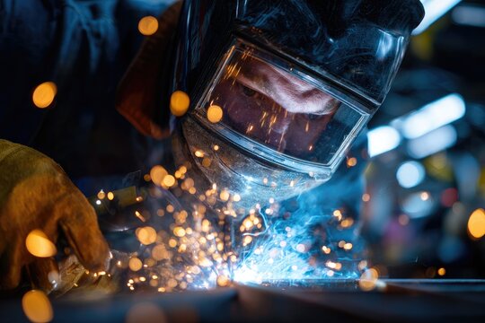 Close-up of a skilled welder creating bright sparks with a helmet and protective gear