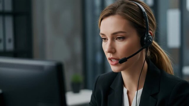 Woman wearing headset sitting at office desk looking at computer screen intently